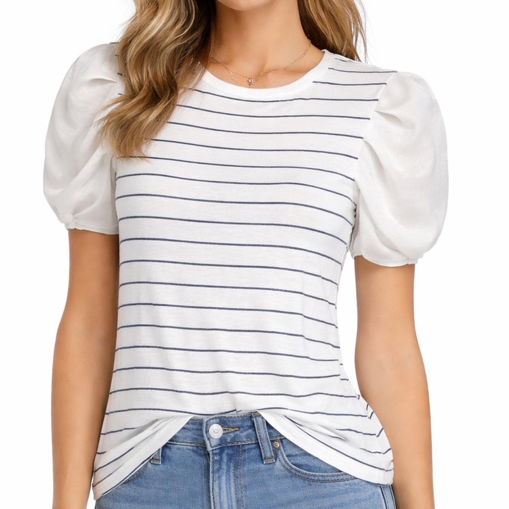White Puff Sleeves Short Sleeve Top Black Stripes